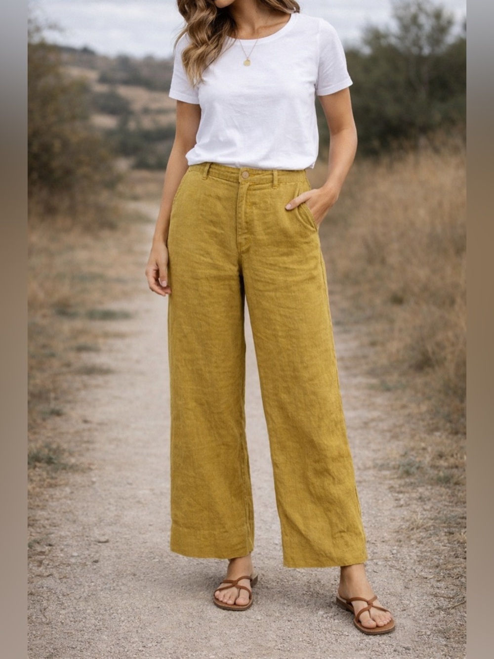 Garnet Hill Wide-Leg Linen-Blend Pants in Mustard Yellow Size 10